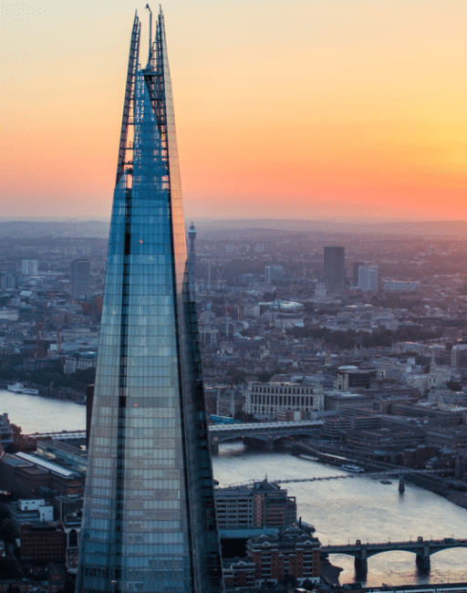 View of the top of the Shard with the sunset behind