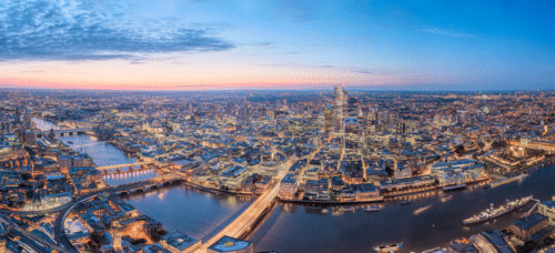 Panoramic view of London and the River Thames at sunset